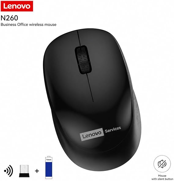 Lenovo N260 Sessiz Kablosuz Mouse, Siyah, 1200 DPI, 20 Metre Menzil, Otomatik Kapanma ve Uyku Modu, Nano USB Alıcı (Wireless Silent Mouse), 870042253
