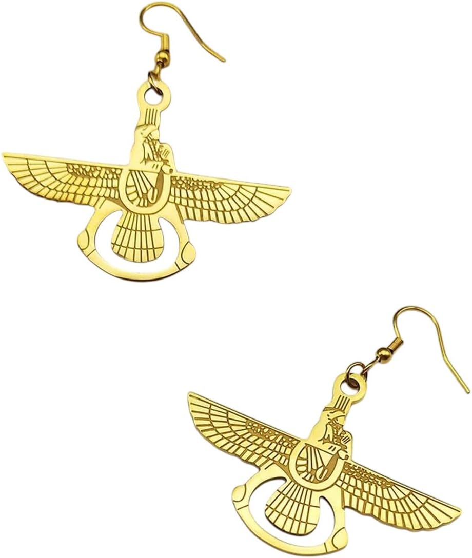 New 2026 Arrive Unisex Stainless Steel Iran Faravahar Ahura Drop Earring For Men Women Gold Color Zoroastrian Hip Hop Hoop Earrings Jewelry Gift With You Accessories Trendy Creative For Women And Men