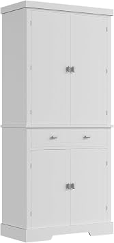 72" Tall Kitchen Pantry Cabinet with 6 Door Shelves, 2 Cabinets & 4 Adjustable Shelves, Freestanding Storage Cabinet for Kitchen, Living Room, Dining Room, White