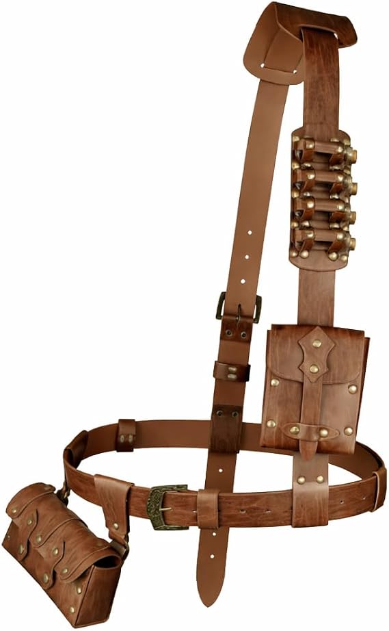 7-Piece Medieval Baldric Tactical Belt Accessories Set Renaissance-Style Faux Leather Belt Pouch and Alchemy Vial Holders, Perfect for Cosplay and LARP