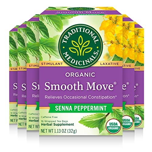 Traditional Medicinals Tea, Organic Smooth Move Peppermint, Relieves Occasional Constipation, Senna, 96 Tea Bags 6 Pack