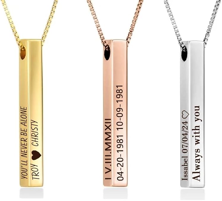 TRANGEL ProJewelry Custom Bar Necklace with Name/Date/Coordinates,Personalized 18K Gold Vertical Name Necklace Unique Mother's Day Birthday Gifts For Women Men
