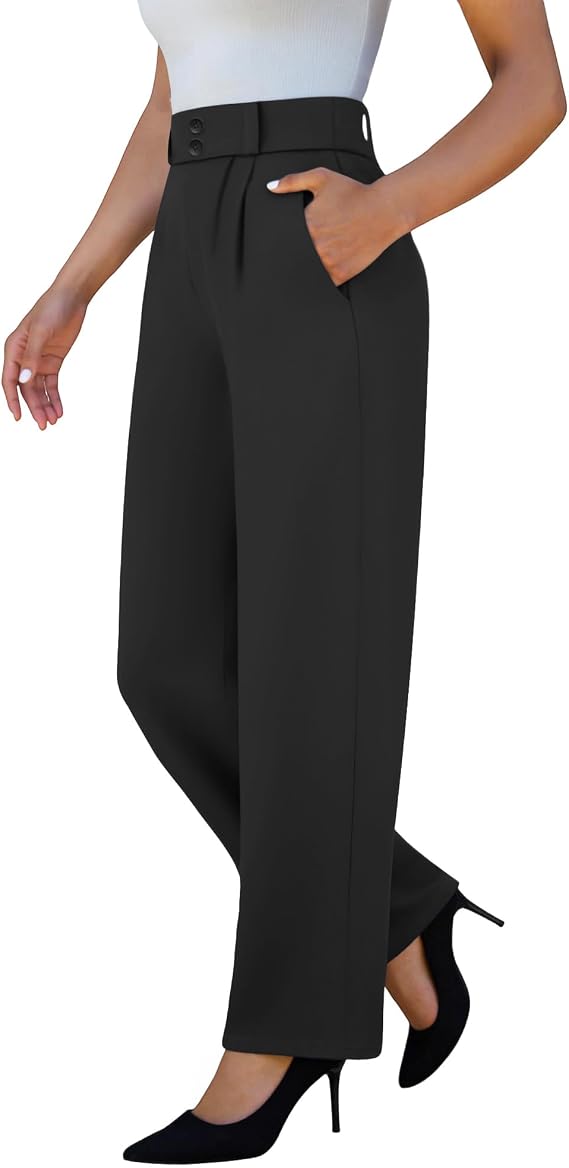 keriffe Womens Stretchy Dress Pants High Waist Pull On Wide Leg Work Pants