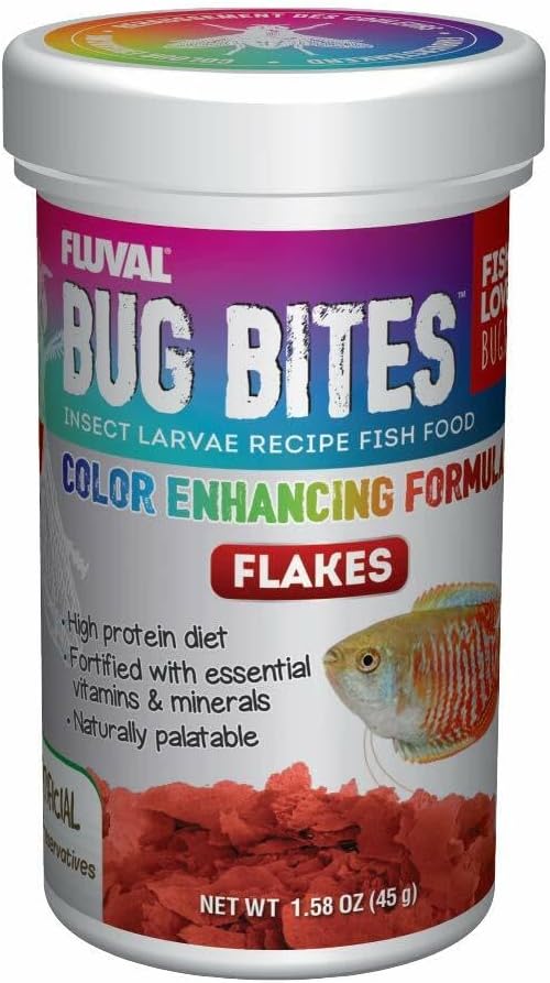 Fluval Bug Bites Color Enhancing Food for Tropical Fish, 1.59 oz, Brown | Flakes for Small to Medium Sized Fish, A7347