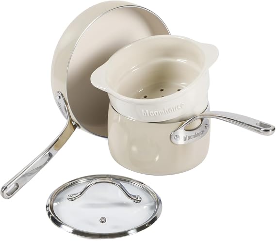 Bloomhouse 4-Piece Heavy-Gauge Aluminum Pots and Pans Cookware Set w/Non-Stick Non-Toxic Ceramic Interior and Ceramic Steamer Insert Oat White