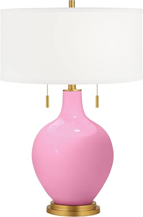 Color + Plus Toby 28" Tall Modern Glass Table Lamp Pull Chain Candy Pink Gold Brass Finish Single Fabric White Shade Living Room Bedroom Bedside Nightstand House Office Family Reading Kitchen