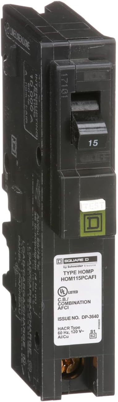 Square D by Schneider Electric Homeline 15 Amp Mini Circuit Breaker, 1 Pole, 120V AC, 10kA Breaking Capacity, Plug in Mount, CAFI/CAFCI, Residential Use (HOM115PCAFIC)