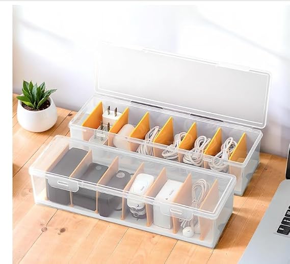 PAVSTINE Cable Management Box with Lid 7 Compartment Data Tidy Transparent | Plastic Storage Box for Charger Organiser, Desk Wire Tidy