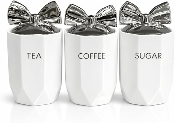 BML Ceramic Tea Coffee Sugar Canisters Set Airtight Kitchen Storage Jars Decorative Countertop Canister Set with Silver Bow Lids Ideal Housewarming Gift & New Home Kitchen Accessory