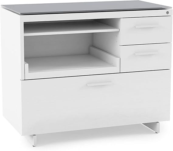 BDI Furniture Centro 6417-35'' Locking Lateral 3-Drawer File Cabinet with Letter or Legal-Size File Drawer, 2 Storage Drawers, Pull Out Printer Tray, Adjustable Shelf, Glass Top, Satin White