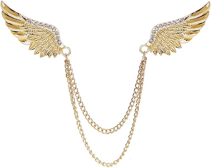 Angel Wings Tassel Chain Brooch Collar Pins. Rhinestone Metal Feather Lapel Pin, Suit Coat Breastpin for Women Men's Accessories