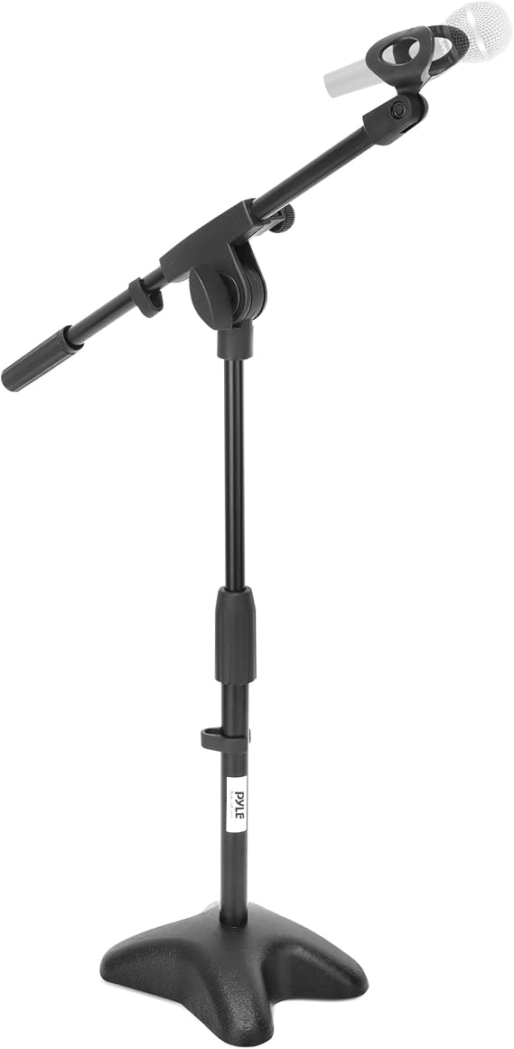 Pyle Universal Compact Microphone Stand - Mic Mount Holder Height Adjustment 19.0 to 26.0 Inch and Telescoping Boom Extension Adjustable Up to 16.0'' w/ Knob Style Tension Lock Mechanism - PMKS7