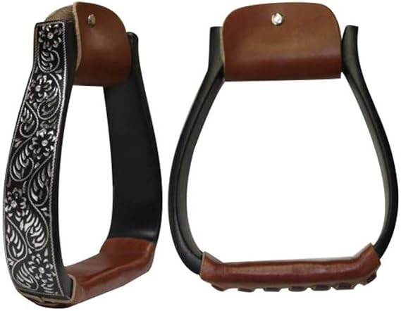 New Black Aluminum Western Saddle Stirrups with Engraved Silver and Crystal Rhinestones