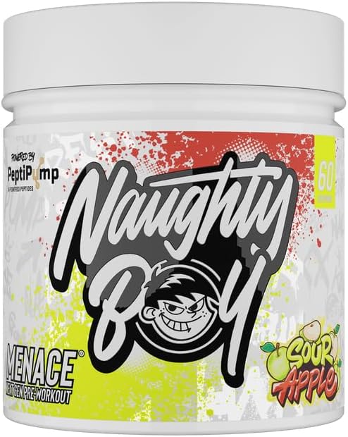 Naughty Boy Menace V2 Pre Workout Powder, High Stim Energy, Pump & Focus Formula with PeptiPump, Citrulline & Beta Alanine, 60 Servings, Sour Apple