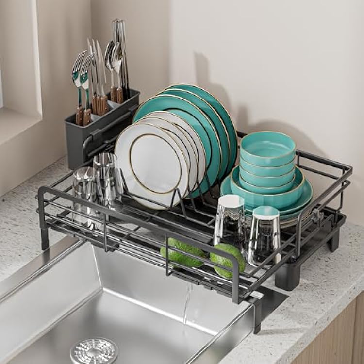 Small Dish Drying Rack - Extendable Dish Rack for Kitchen Counter, Rustproof Dish Drainers with Utensil Holder, Perfect for Apartments, RVs and Small Spaces,16.5 D x 7.5-12.5 W x 6.5 H