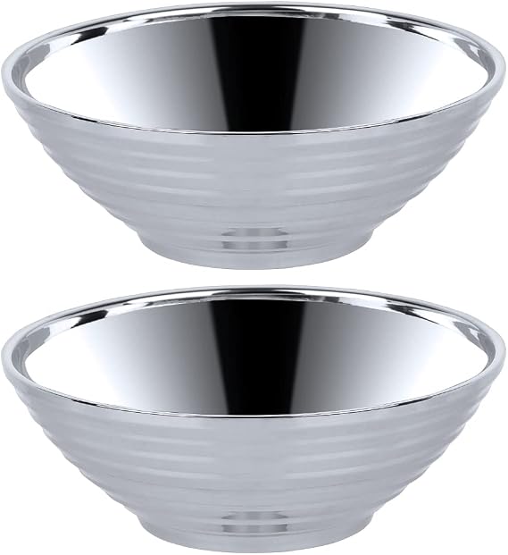 Stainless Steel Ramen Noodle Soup Bowls, 2 Pack Double Wall Insulated Bowls for Cereal, Noodle,Silver (Capacity 28 Oz, Diameter7.9 Inches)