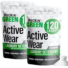 Rockin' Green Laundry Detergent, Plant based, All Natural Laundry Detergent Powder, Vegan and Biodegradable Odor Fighter, Safe for Sensitive Skin (Active Wear 2 Pack 120 Loads - Unscented)