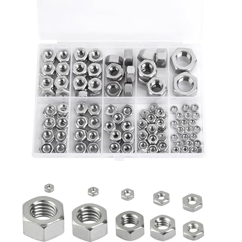 Hex Nuts Assortment Kit - 150PCS Hardware Nuts Sets,4#40 6#32 8#32 10#24 10#32 12#24 14-20 516-18 38-16 12-13 Nuts,304 Stainless Steel