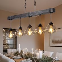 Linear Chandelier for Dining Room, Modern 5-Light Kitchen Island Lighting,Black Farmhouse Linear Chandelier with Glass Shades, L39IN+W5.5IN+H7.9IN