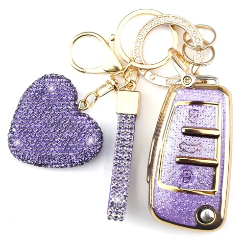 Key Fob Cover with Diamond Keychain Fit for Audi Car Key Holder Case Compatible with Audi A1 A3 Q3 Q7 R8 A6L TT Smart Remote Key Protector for Women, 3 Buttons Purple-Heart
