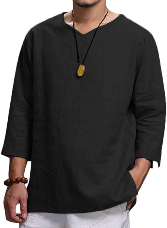 Men'S Pullover Cotton Shirts, Classic Solid Color Casual Loose Pullover T-Shirts Loose Shirts For Men,Casual Youth Shirts Comfortable Soft Business Office Easy Care Shirt,Black,Xxl