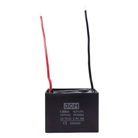 JCM CBB61 Ceiling Fan Capacitor 9 uF 450VAC 50/60Hz 2 Wire | Replacement part for ceiling fans, ventilation and exhaust fan motors, 2 wire leads, tolerance +/-5%