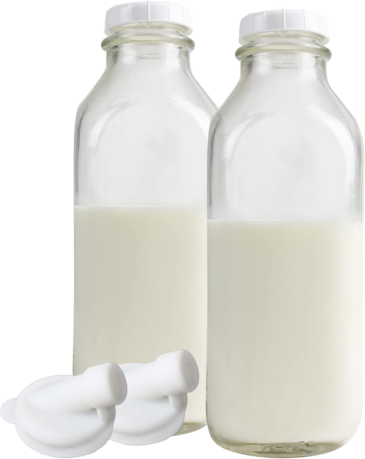 The Dairy Shoppe 1 Ltr. (33.8 oz.) Glass Milk Bottle Vintage Style with Cap & NEW Silicone Pour Spouts! (2 Pack)