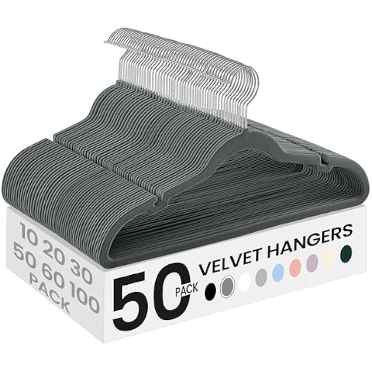 SONGMICS Velvet Hangers 50 Pack, Non-Slip Clothes Hangers, Suit Hangers with Shoulder Notches, Pants Bar, 360 Swivel Hook, Space-Saving, for Closet, Gray UCRF029G05