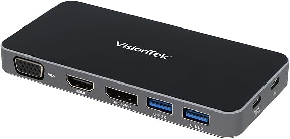 VisionTek VT210 Dual Display USB-C Docking Station with Power Passthrough DP, HDMI, VGA, 2X USB-A, 1x USB-C for Windows, Mac, Chromebook, Ipad - 901525