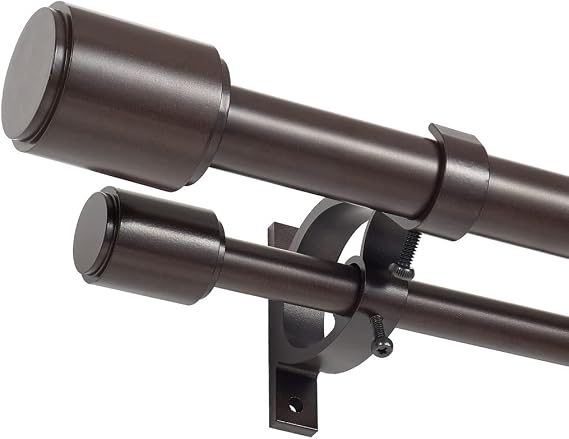 Double Curtain Rods for Window, Double Drapery Rod Adjusts from 36-72", Decorative Bronze Curtain Rod with Cap Finials, 1-Inch Front and 5/8 Inch Diameter Back Window Treatment Dual Curtain Rods