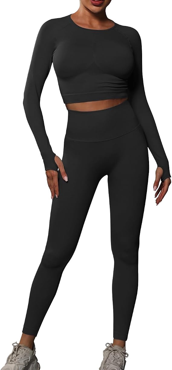 JBT Workout Set for Women Two Pieces for Long Sleeves Workout Sets, Seamless High Waist Leggings for Women