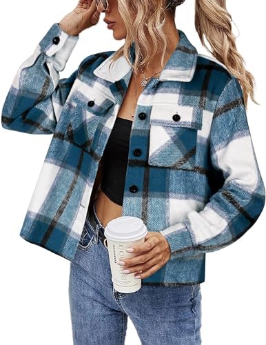 HOTOUCH Womens Flannels Fall Cropped Shacket Plaid Jacket Long Sleeve Button Down Coat 2026 Fall Fashion Trendy Outfits