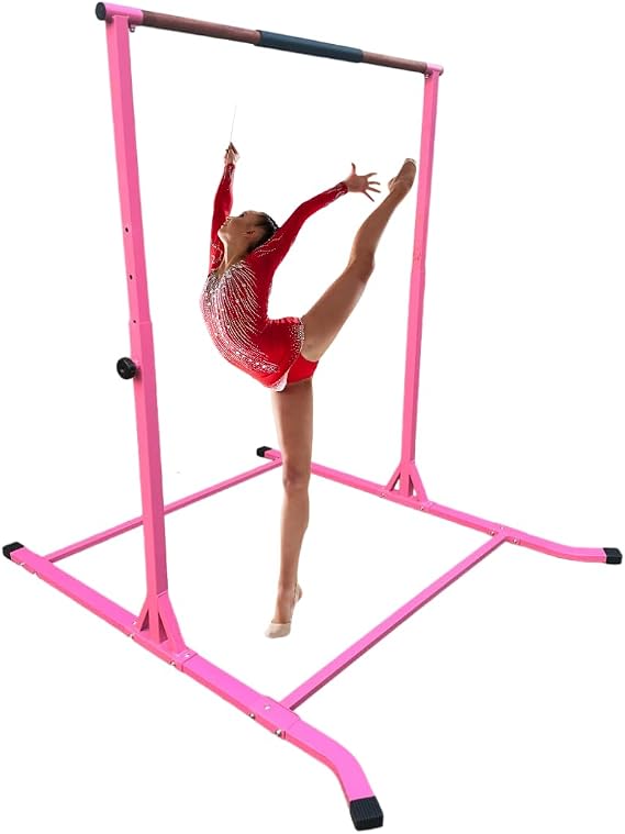 Gymnastics Training Bar Horizontal Kip Bar Adjustable Height 3 to 5 FT, Kids Junior Gymnasts Gymnastic Bar, Expandable and Folding Heavy Duty Jungle Gym Home Exercise Bar for Children and Adults, PINK