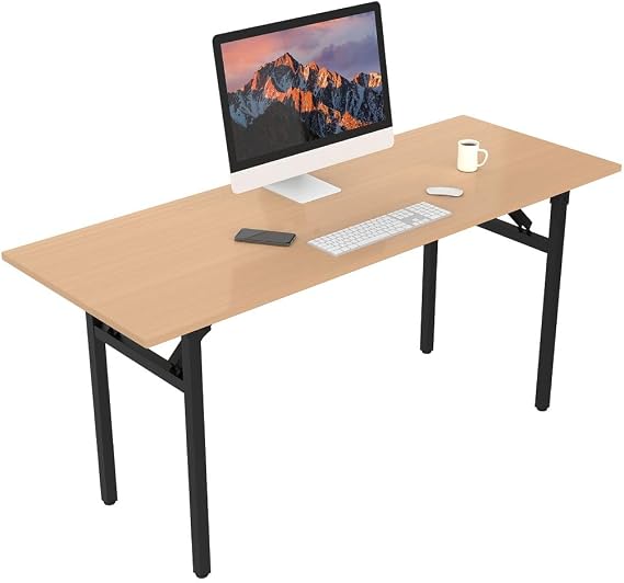 Halter Folding Desk Table, No Assembly Collapsible Computer Desk for Office, Bedroom, and Study - 63 Space-Saving Portable, Foldable Study Table, Teak Desk, Black Frame