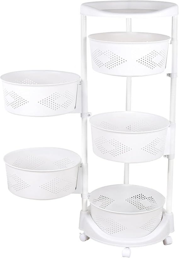 5 Tier Kitchen Storage Rack, Rotating Storage Shelf with Lockable Casters Multi-Layer Kitchen Shelf Vegetable Rotating Basket Organizer Stackable Round Storage Cart