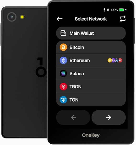 OneKey Pro Crypto Cold Wallet Air-gapped, Offline Keys, 4 EAL6+ Secure Elements, 3.5" Touchscreen, Fingerprint Unlock, Bluetooth/USB-C, Supports 10,000+ Coins & NFTs (Black)