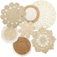 HJJWNDDNG 7 Pack Boho Wall Basket Decor Set, Hanging Woven Seagrass Rattan Wicker Boho Wall Decor, Round Farmhouse Wall Hanging Baskets Rustic Flat Wall Art for Living Room Bedroom Kitchen (Style 4)
