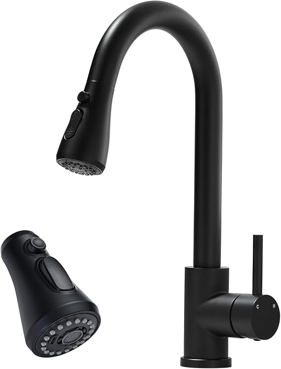 Black Kitchen Faucet with Pull Down Sprayer, VFAUOSIT Kitchen Sink Faucet, Commercial Stainless Steel Laundry Single Handle Pull Out Kitchen Faucets Matte Black with Faucet Sprayer Head