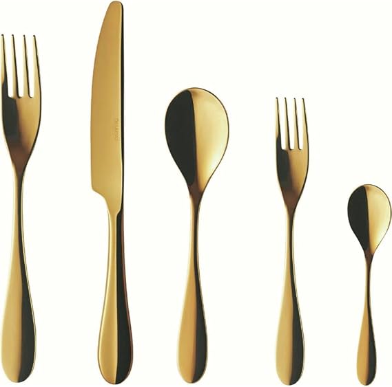 Degrenne Luxury French Cutlery Set - 5 Piece Gold Silverware Set, Includes Forks, Spoons & Knife, Stainless Steel Flatware, Dishwasher Safe, Made in France - Onde Gold