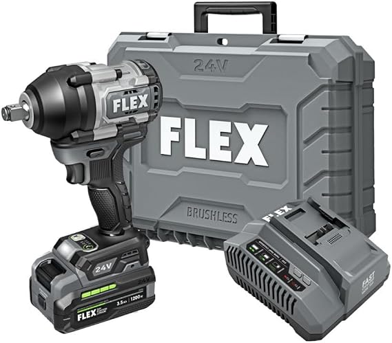 FLEX 24V Brushless Cordless 1/2-Inch 750 Ft-Lbs Mid-Torque Impact Wrench Kit with 3.5Ah Stacked Lithium Battery and 160W Fast Charger - FX1451-1F, Grey/Black