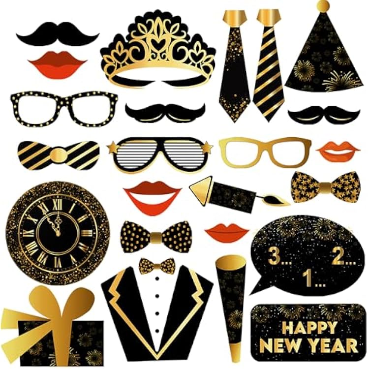 KatchOn, New Years Photo Booth Props 2026 - Pack of 27 | Black and Gold New Years Eve Photo Booth Props for Happy New Years Decorations 2026 | New Year Party Favors | New Years Eve Party Supplies