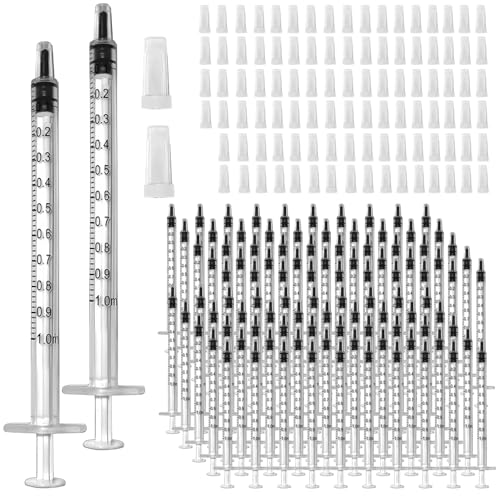 100 Pcs 1ml 1cc Syringe No Needle Plastic Syringe with Caps for Pets Oral, Refilling, Oil or Glue Applicator, Measuring or Transfering Tiny Amount of Liquids