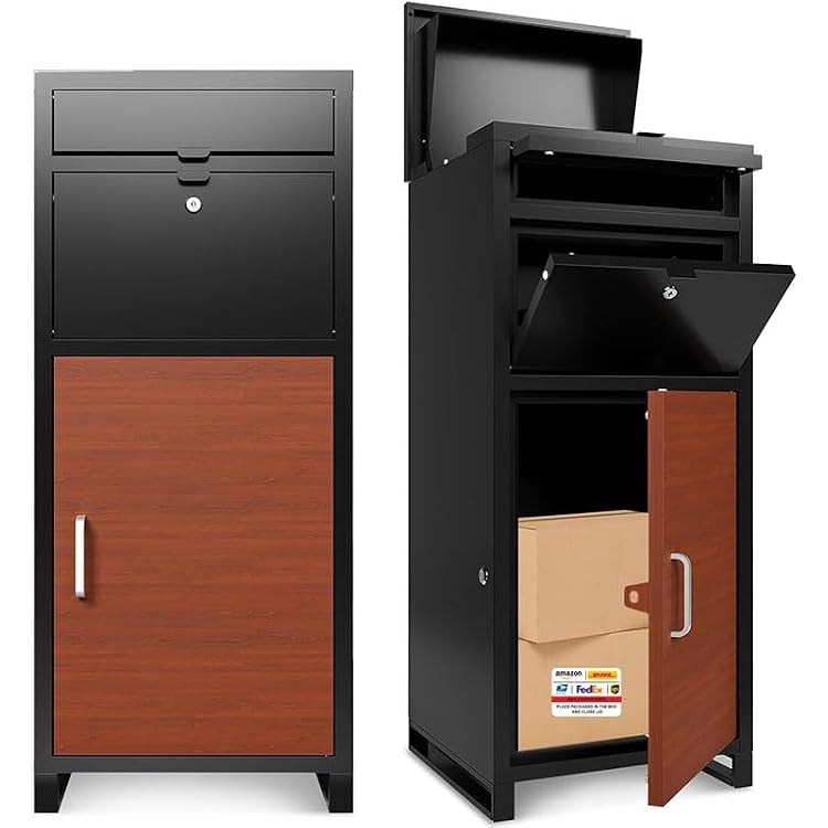 Package Delivery Boxes for Outside,44.5 Large Parcel Drop Box,Heavy Duty Steel Lockers with Waterproof and Anti Theft for Outdoor,Porch,Curbside Black&Brown