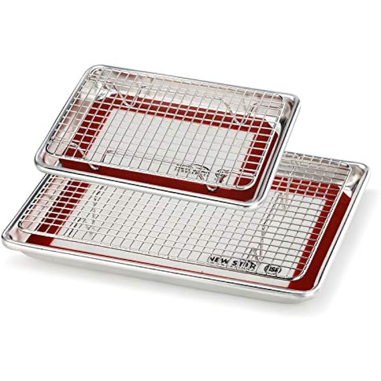 New Star Foodservice 1028751 Commercial-Grade Bun Pan/Baking Sheet, Baking Mat, Cooling Rack Combo, 1/4 and 1/2 Sizes Each