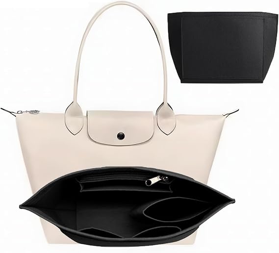 Felt Purse Organizer Insert for Longchamp Le Pliage - Multi-Pocket Bag With Zipper, Handbag Wallet Organizer, Folding Tote Bag Insert (Black, L)