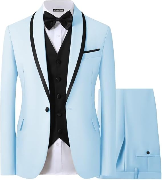 Mens Tuxedo Suits 3 Piece Slim Fit Dinner Prom Suit Shawl Lapel 1 Button Tux Blazer Vest and Pants with Bow Tie
