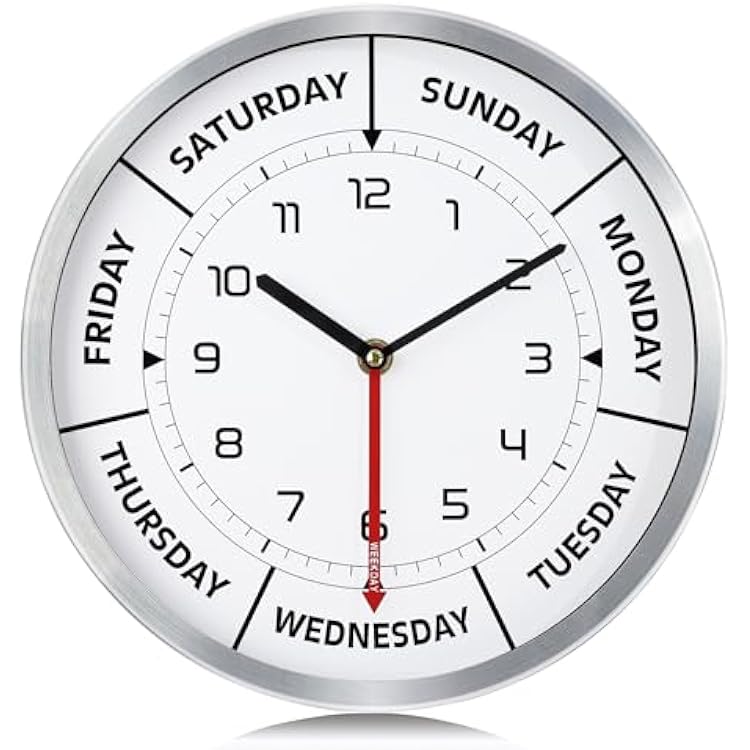 Lafocuse Silent Day of The Week Clocks with Silver Metal Frame, Retirement Clock for Seniors, Day Clock for Living Room Decor 12 Inch