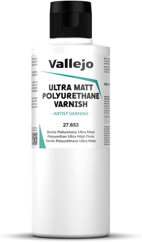 Vallejo - Polyurethane Varnish | Ultra Matt Finish 200 ml. (6.76 fl.oz.) | Extraordinary Hardness & Permanence | Create a Perfect Clear Coat | Scratch Resistant for Outdoor and Indoor Surfaces
