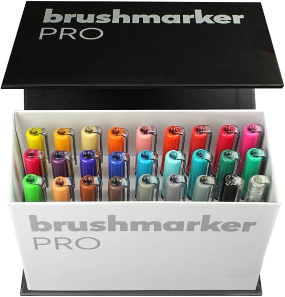 Karin Brushmarker Pro 27pc Mini Box Brush Tip Markers Set, Blendable, Water-Based, Professional Grade Brush Markers for Adults and Artists, 26 Colors and 1 Blender in Exclusive Storage Case