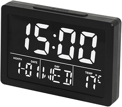 Lancoon Digital Alarm Clock, 5.3 LCD Screen Time Date Week Temperature Display 1224H Snooze Function 6 Adjustable Brightness 8 Ringtones for Home Office Bedroom Living Room White